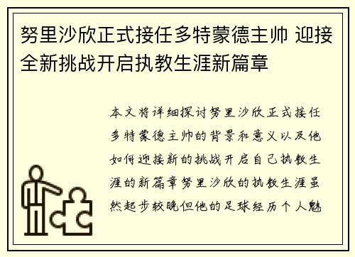 努里沙欣正式接任多特蒙德主帅 迎接全新挑战开启执教生涯新篇章 努里沙欣正式接任多特蒙德主帅 迎接全新挑战开启执教生涯新篇章